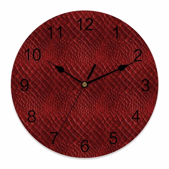 Wall Clock Red Leather Clocks PVC Silent Non-Ticking Battery Operated Decorative Animal Fur Textures Round Clock for Home Living Room Kitchen Bedroom Office School Wall Decor 10 Inch