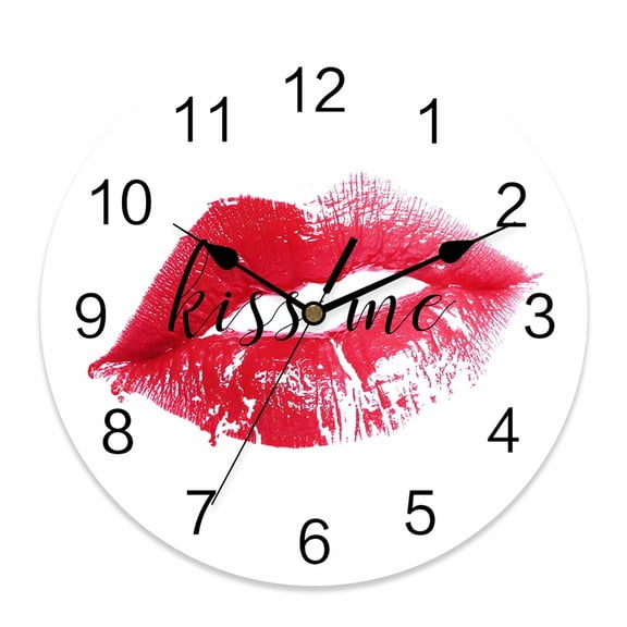 Wall Clock Red Lipprint Clocks PVC Silent Non-Ticking Battery Operated Decorative Kiss Lip Round Clock for Home Living Room Kitchen Bedroom Office School Wall Decor 10 Inch