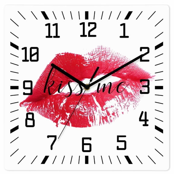 Wall Clock Red Lipprint Operated Square Clocks Wooden Silent Non-Ticking Wallclock 10 Inch Kiss Lip Wood Wall Clock for Living Room Bedroom Office Shool Home Decor