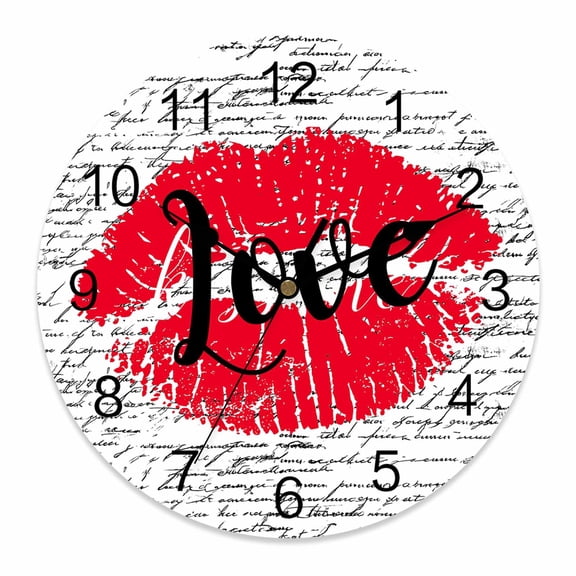 Wall Clock Red Love Lipprint Clocks PVC Silent Non-Ticking Battery Operated Decorative Lip White Text Round Clock for Home Living Room Kitchen Bedroom Office School Wall Decor 10 Inch