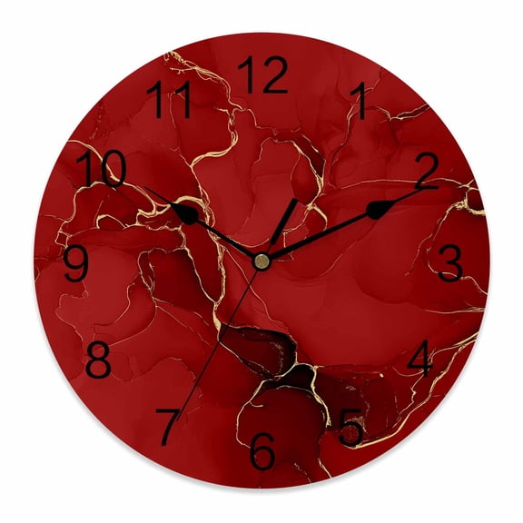 Wall Clock Red Marble Clocks PVC Silent Non-Ticking Battery Operated Decorative Abstract Art Lines Round Clock for Home Living Room Kitchen Bedroom Office School Wall Decor 10 Inch