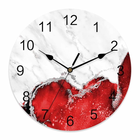 Wall Clock Red Marble Clocks PVC Silent Non-Ticking Battery Operated Decorative White Modern Abstract Art Luxury Fluid Round Clock for Home Living Room Kitchen Bedroom Office Wall Decor 10 Inch