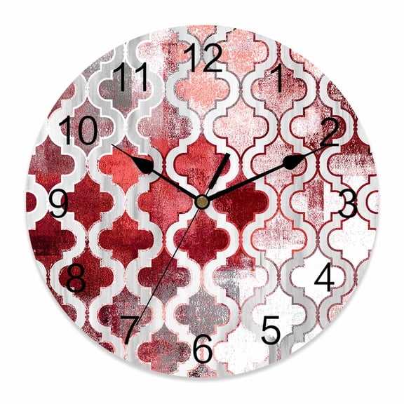 Wall Clock Red Morocco Pattern Clocks PVC Silent Non-Ticking Battery Operated Decorative Abstract Graffiti Art Round Clock for Home Living Room Kitchen Bedroom Office School Wall Decor 14 Inch