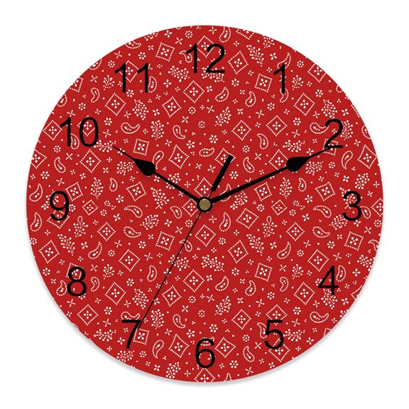 Wall Clock Red Paisley Clocks PVC Silent Non-Ticking Battery Operated Decorative Bohemian Flower Cashew Round Clock for Home Living Room Kitchen Bedroom Office School Wall Decor 10 Inch