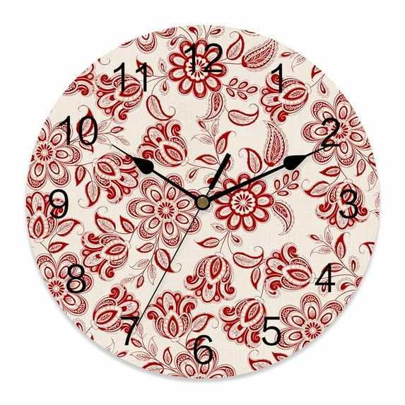Wall Clock Red Paisley Floral Clocks PVC Silent Non-Ticking Battery Operated Decorative Retro Bohemian Flowers Round Clock for Home Living Room Kitchen Bedroom Office School Wall Decor 10 Inch