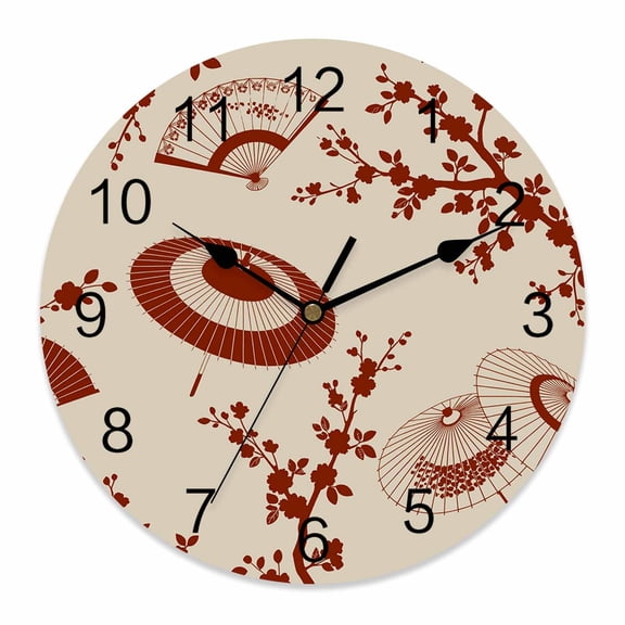 Wall Clock Red Paper Fan Clocks PVC Silent Non-Ticking Battery Operated Decorative Cherry Blossom Branch Japanese Style Round Clock for Home Living Room Kitchen Bedroom Office Wall Decor 10 Inch