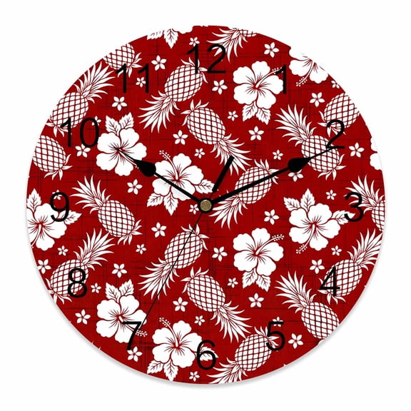 Wall Clock Red Pineapples Clocks PVC Silent Non-Ticking Battery Operated Decorative Tropical Fruit Hibiscus Flowers Round Clock for Home Living Room Kitchen Bedroom Office School Wall Decor 10 Inch