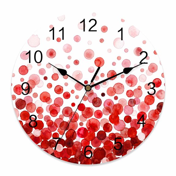 Wall Clock Red Polka Dots Clocks PVC Silent Non-Ticking Battery Operated Decorative Watercolor Abstract Art Round Clock for Home Living Room Kitchen Bedroom Office School Wall Decor 10 Inch