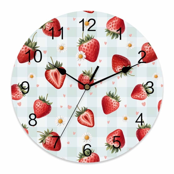 Wall Clock Red Strawberry Clocks PVC Silent Non-Ticking Battery Operated Decorative Summer Fruit Daisy Blue Stripes Round Clock for Home Living Room Kitchen Bedroom Office School Wall Decor 10 Inch