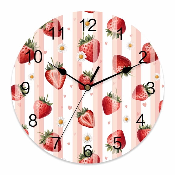 Wall Clock Red Strawberry Clocks PVC Silent Non-Ticking Battery Operated Decorative Summer Fruit Daisy Pink Stripes Round Clock for Home Living Room Kitchen Bedroom Office School Wall Decor 10 Inch