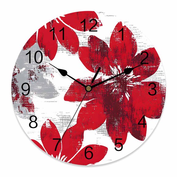 Wall Clock Red Sunflower Clocks PVC Silent Non-Ticking Battery Operated Decorative Flower Field Round Clock for Home Living Room Kitchen Bedroom Office School Wall Decor 10 Inch