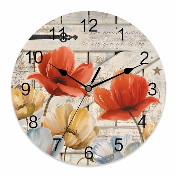 Wall Clock Red Tulip Clocks PVC Silent Non-Ticking Battery Operated Decorative Butterfly Farmhouses Barn Doors Round Clock for Home Living Room Kitchen Bedroom Office School Wall Decor 10 Inch