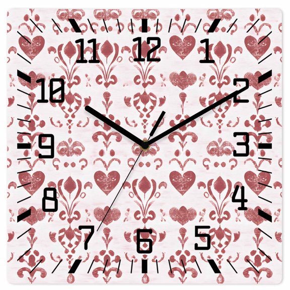 Wall Clock Red Vintage Damask Motifs Operated Square Clocks Wooden Silent Non-Ticking Wallclock 10 Inch Love Heart Flower Wood Wall Clock for Living Room Bedroom Office Shool Home Decor