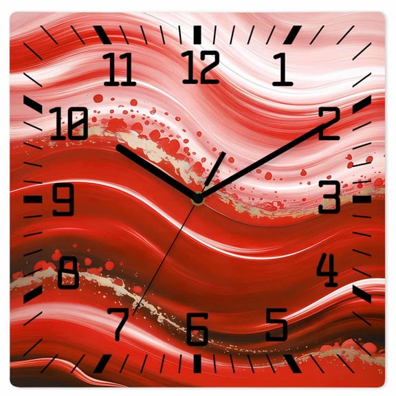 Wall Clock Red Waves Operated Square Clocks Wooden Silent Non-Ticking Wallclock 12 Inch Ombre Abstract Fluid Art Wood Wall Clock for Living Room Bedroom Office Shool Home Decor