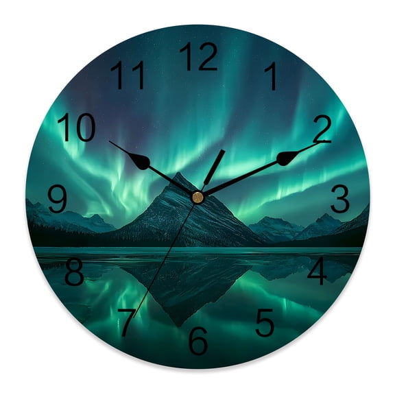 Wall Clock Romantic Auroras Clocks PVC Silent Non-Ticking Battery Operated Decorative Peaceful Water Nature Mountain Round Clock for Home Living Room Kitchen Bedroom Office School Wall Decor 12 Inch
