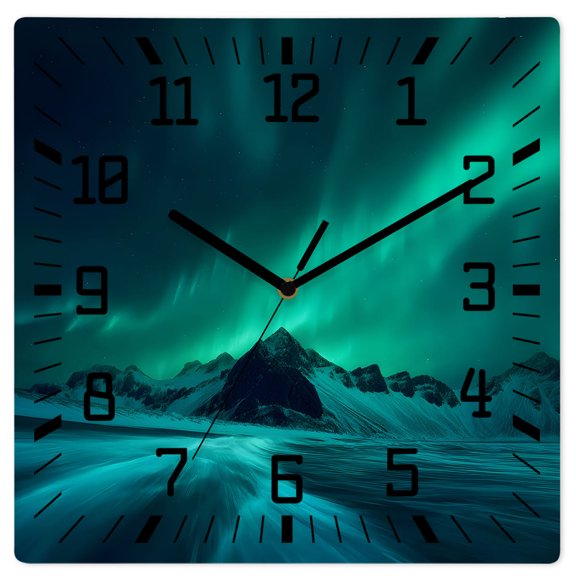 Wall Clock Romantic Auroras Operated Square Clocks Wooden Silent Non-Ticking Wallclock 12 Inch Icy Lake Glacial Mountains Wood Wall Clock for Living Room Bedroom Office Shool Home Decor