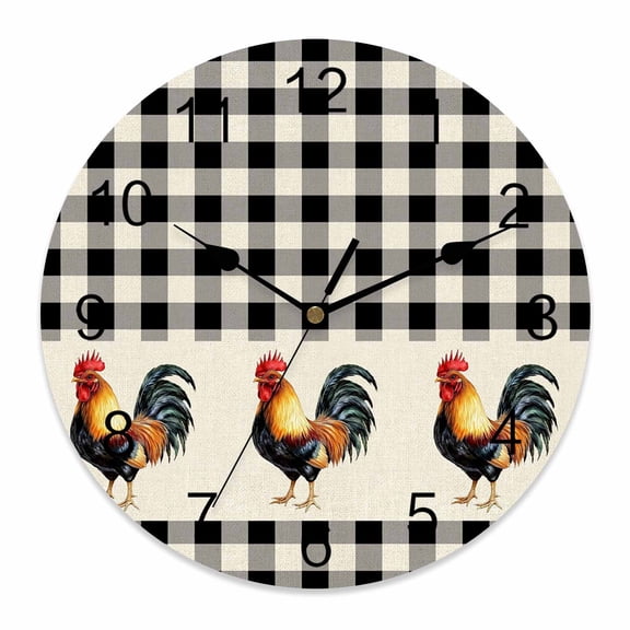 Wall Clock Rooster Clocks PVC Silent Non-Ticking Battery Operated Decorative Farm Animal Black Plaid Linen Round Clock for Home Living Room Kitchen Bedroom Office School Wall Decor 10 Inch