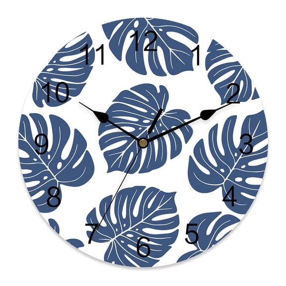 Wall Clock Royal Blue Palm Leaves Clocks PVC Silent Non-Ticking Battery Operated Decorative Tropical Monstera Leaf Plant Round Clock for Home Living Room Kitchen Bedroom Office Wall Decor 10 Inch