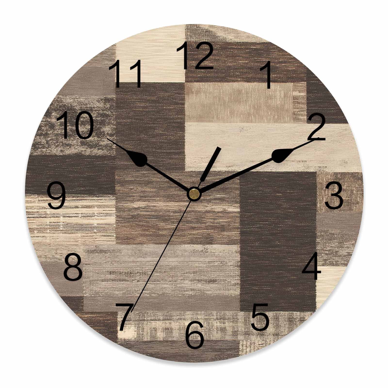Wall Clock Rustic Brown Wood Plank Clocks PVC Silent Non-Ticking Battery Operated Decorative Farmhouse Collage Block Round Clock for Home Living Room Kitchen Bedroom Office School Wall Decor 14 Inch