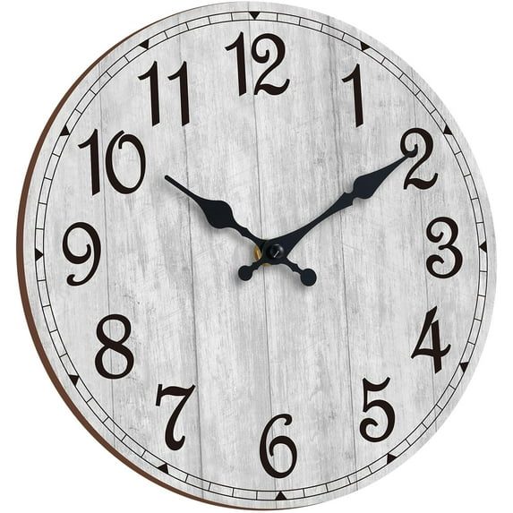 Wall Clock, Rustic Wall Clocks Battery Operated Silent Non Ticking, Country Round Wooden Clocks Farmhous Wall Decorative for Kitchen, Bathroom, Living Room (Gray 10 Inch)