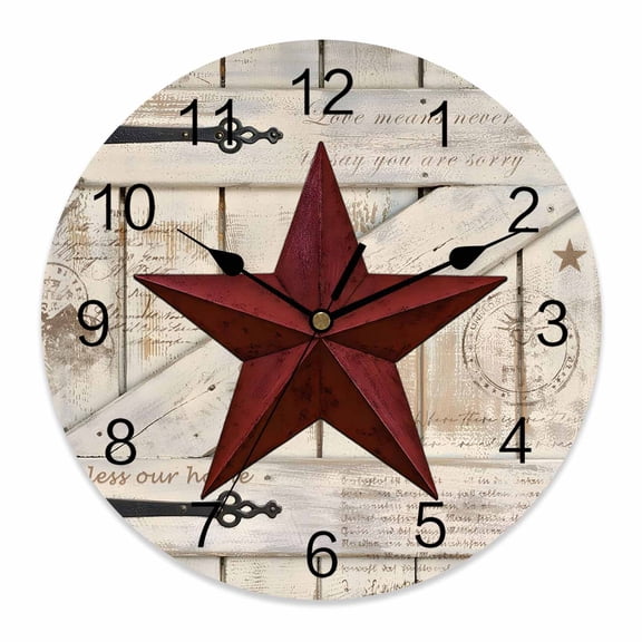 Wall Clock Rusty Barn Star Doors Clocks PVC Silent Non-Ticking Battery Operated Decorative Red Retro Rustic Walls Round Clock for Home Living Room Kitchen Bedroom Office School Wall Decor 10 Inch