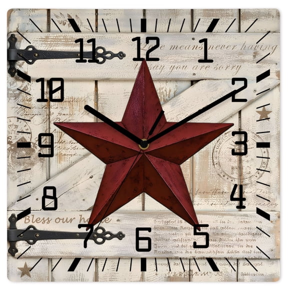 Wall Clock Rusty Barn Star Doors Operated Square Clocks Wooden Silent Non-Ticking Wallclock 10 Inch Red Retro Rustic Walls Wood Wall Clock for Living Room Bedroom Office Shool Home Decor