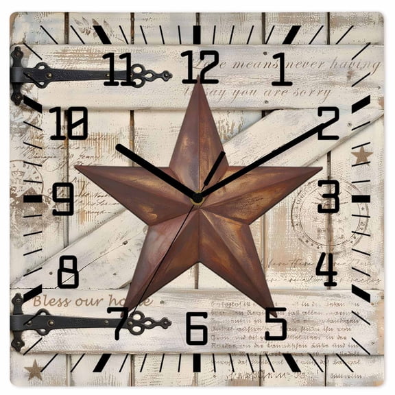 Wall Clock Rusty Barn Star Doors Operated Square Clocks Wooden Silent Non-Ticking Wallclock 12 Inch Brown Retro Rustic Walls Wood Wall Clock for Living Room Bedroom Office Shool Home Decor