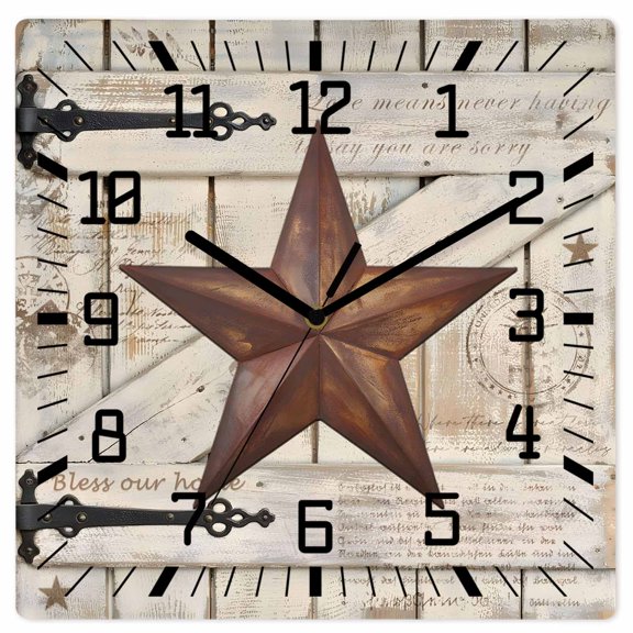 Wall Clock Rusty Barn Star Doors Operated Square Clocks Wooden Silent Non-Ticking Wallclock 12 Inch Brown Retro Rustic Walls Wood Wall Clock for Living Room Bedroom Office Shool Home Decor