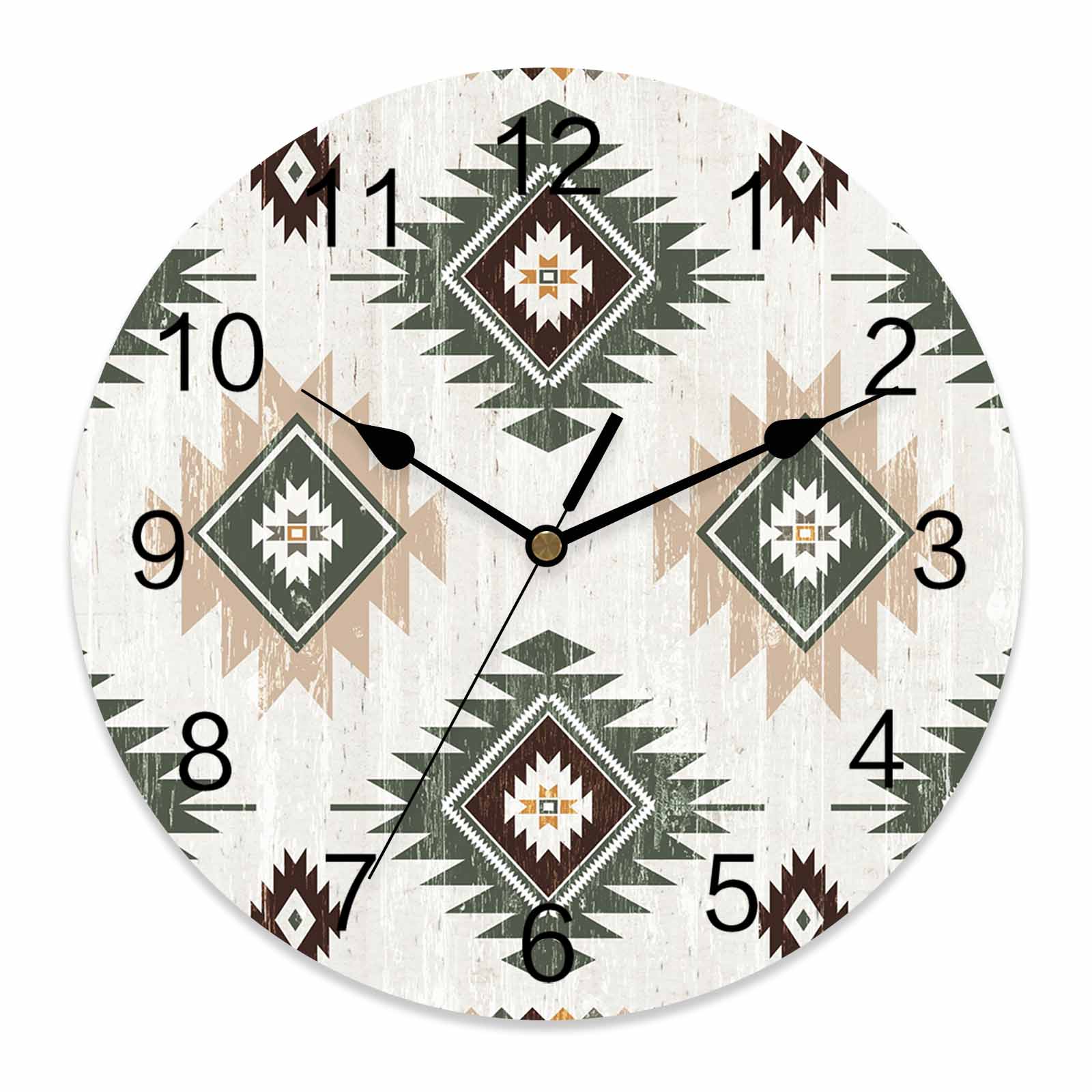 Wall Clock Sage Green Boho Aztec Clocks PVC Silent Non-Ticking Battery ...