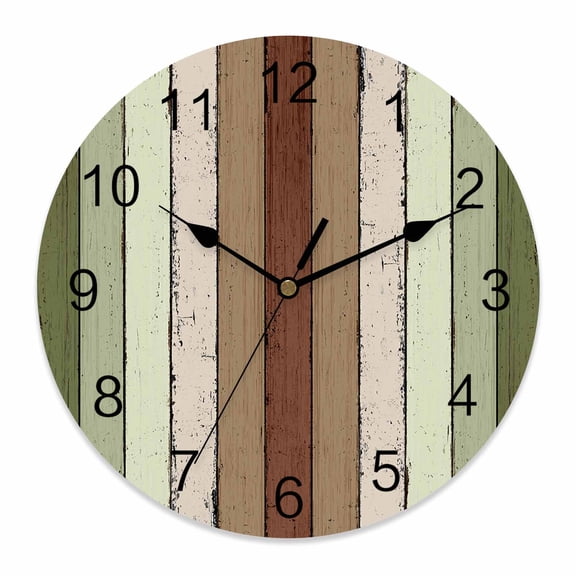 Wall Clock Sage Green Brown Wood Grain Clocks PVC Silent Non-Ticking Battery Operated Decorative Rustic Wooden Plank Round Clock for Home Living Room Kitchen Bedroom Office School Wall Decor 14 Inch