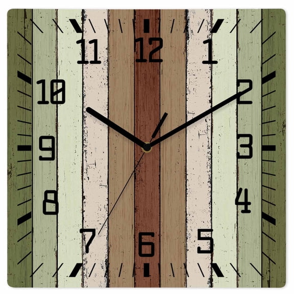 Wall Clock Sage Green Brown Wood Grain Operated Square Clocks Wooden Silent Non-Ticking Wallclock 10 Inch Rustic Wooden Plank Wood Wall Clock for Living Room Bedroom Office Shool Home Decor