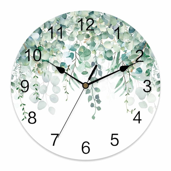 Wall Clock Sage Green Eucalyptus Clocks PVC Silent Non-Ticking Battery Operated Decorative Watercolor Leaves Round Clock for Home Living Room Kitchen Bedroom Office School Wall Decor 10 Inch