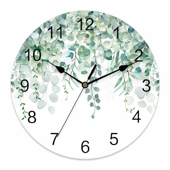 Wall Clock Sage Green Eucalyptus Clocks PVC Silent Non-Ticking Battery Operated Decorative Watercolor Leaves Round Clock for Home Living Room Kitchen Bedroom Office School Wall Decor 10 Inch