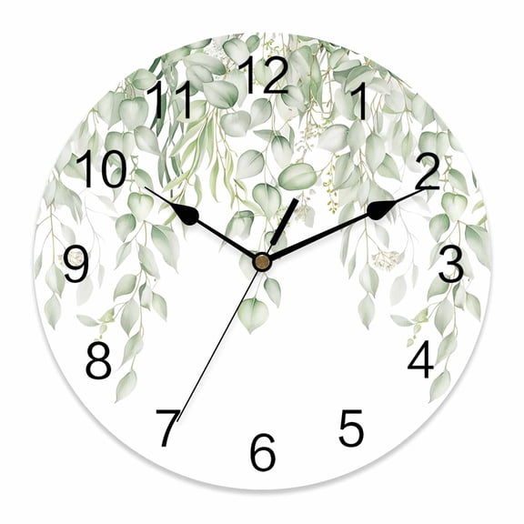 Wall Clock Sage Green Eucalyptus Leaves Clocks PVC Silent Non-Ticking Battery Operated Watercolor Leaf Branch Round Clock for Home Living Room Kitchen Bedroom Office School Wall Decor 10 Inch