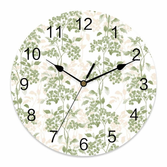 Wall Clock Sage Green Fruit Clocks PVC Silent Non-Ticking Battery Operated Decorative Berry Leaves Nature Round Clock for Home Living Room Kitchen Bedroom Office School Wall Decor 10 Inch