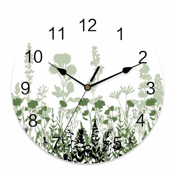 Wall Clock Sage Green Herb Clocks PVC Silent Non-Ticking Battery Operated Decorative Floral Leaves Plant Round Clock for Home Living Room Kitchen Bedroom Office School Wall Decor 10 Inch