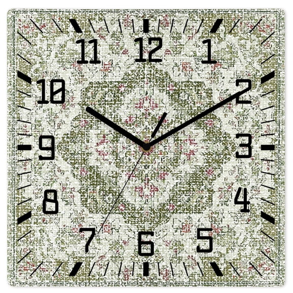 Wall Clock Sage Green Medieval Flowers Operated Square Clocks Wooden Silent Non-Ticking Wallclock 12 Inch Retro Bohemian Pattern Wood Wall Clock for Living Room Bedroom Office Shool Home Decor