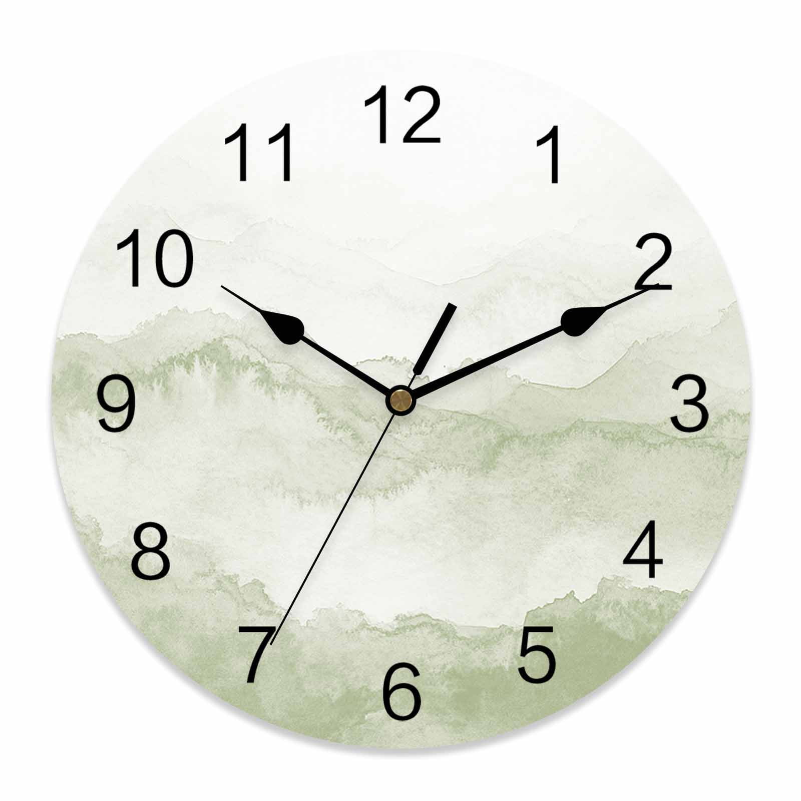 Wall Clock Sage Green Mountain Clocks PVC Silent Non-Ticking Battery Operated Decorative Ombre Abstract Natural Round Clock for Home Living Room Kitchen Bedroom Office School Wall Decor 10 Inch