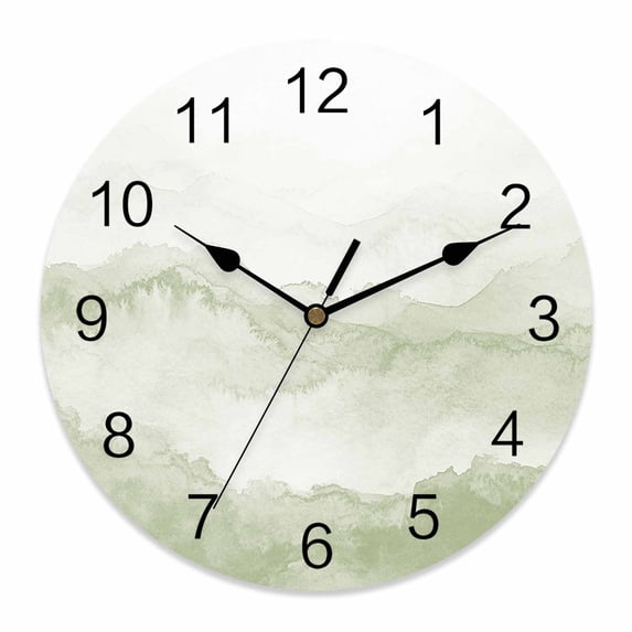 Wall Clock Sage Green Mountain Clocks PVC Silent Non-Ticking Battery Operated Decorative Ombre Abstract Natural Round Clock for Home Living Room Kitchen Bedroom Office School Wall Decor 10 Inch