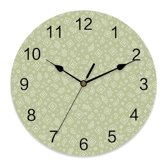 Wall Clock Sage Green Paisley Clocks PVC Silent Non-Ticking Battery Operated Decorative Bohemian Flower Cashew Round Clock for Home Living Room Kitchen Bedroom Office School Wall Decor 10 Inch
