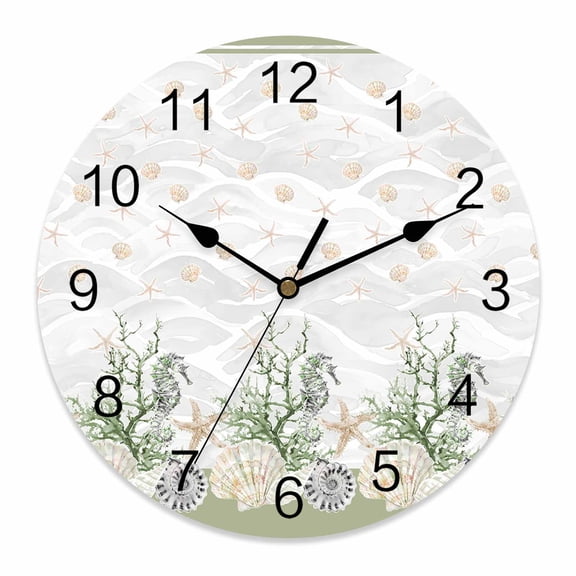 Wall Clock Sage Green Starfish Clocks PVC Silent Non-Ticking Battery Operated Decorative Coral Shell Marine Life Round Clock for Home Living Room Kitchen Bedroom Office School Wall Decor 10 Inch
