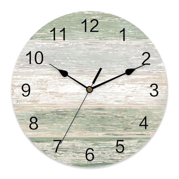Wall Clock Sage Green Wood Grain Clocks PVC Silent Non-Ticking Battery Operated Decorative Rustic Wooden Plank Round Clock for Home Living Room Kitchen Bedroom Office School Wall Decor 10 Inch