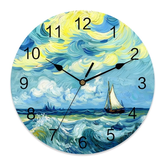 Wall Clock Sailing Boat Clocks PVC Silent Non-Ticking Battery Operated Decorative Ocean Waves Impressionist Round Clock for Home Living Room Kitchen Bedroom Office School Wall Decor 10 Inch