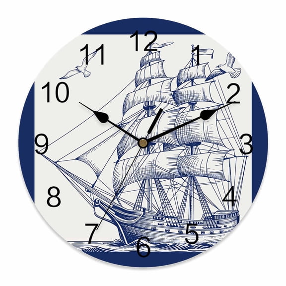 Wall Clock Sailing Boat Seagull Clocks PVC Silent Non-Ticking Battery Operated Decorative Blue Ocean Navigation Round Clock for Home Living Room Kitchen Bedroom Office School Wall Decor 10 Inch