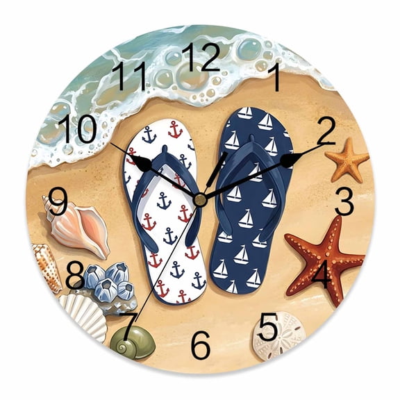 Wall Clock Sandy Beach Flip Flops Clocks PVC Silent Non-Ticking Battery Operated Decorative Coastal Starfish Shell Round Clock for Home Living Room Kitchen Bedroom Office School Wall Decor 12 Inch