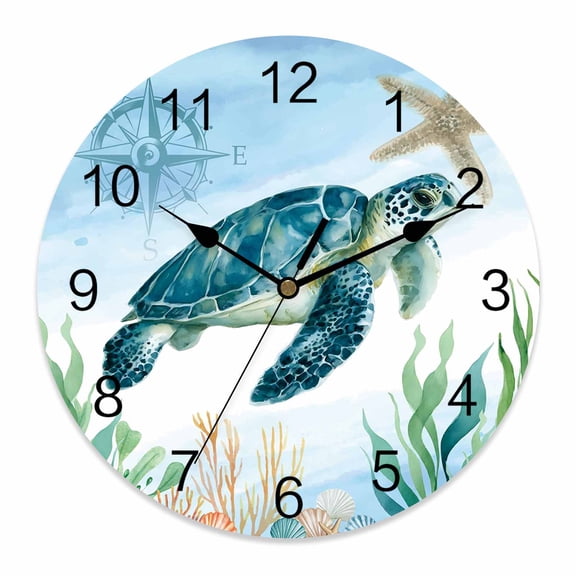 Wall Clock Sea Turtle Clocks PVC Silent Non-Ticking Battery Operated Decorative Compass Starfish Coral Marine Life Round Clock for Home Living Room Kitchen Bedroom Office School Wall Decor 10 Inch