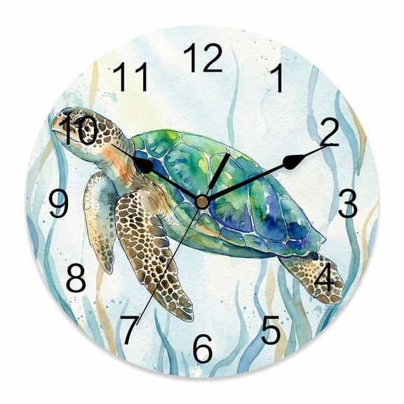 Wall Clock Sea Turtle Clocks PVC Silent Non-Ticking Battery Operated Decorative Ocean Marin Life Teal Coral Round Clock for Home Living Room Kitchen Bedroom Office School Wall Decor 10 Inch