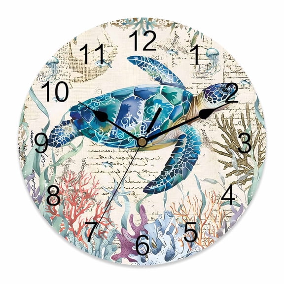 Wall Clock Sea Turtle Clocks PVC Silent Non-Ticking Battery Operated Decorative Vintage Ocean Coral Seagrass Round Clock for Home Living Room Kitchen Bedroom Office School Wall Decor 10 Inch