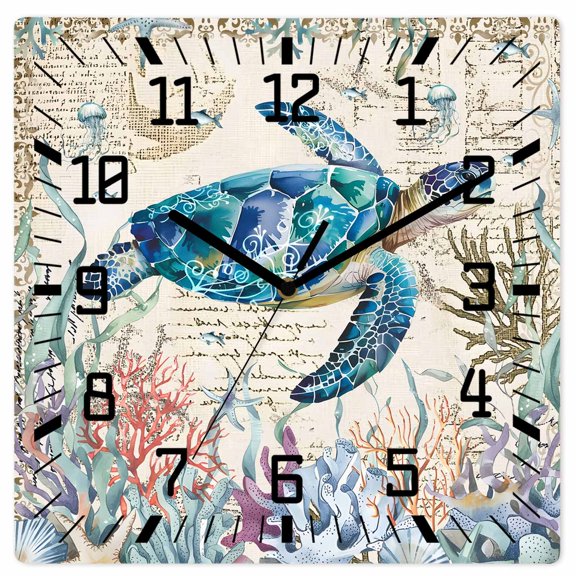 Wall Clock Sea Turtle Operated Square Clocks Wooden Silent Non-Ticking Wallclock 10 Inch Vintage Ocean Coral Seagrass Wood Wall Clock for Living Room Bedroom Office Shool Home Decor