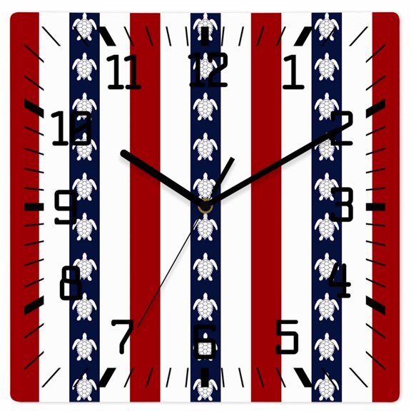 Wall Clock Sea Turtle Stripes Operated Square Clocks Wooden Silent Non-Ticking Wallclock 12 Inch Red White Striped Wood Wall Clock for Living Room Bedroom Office Shool Home Decor